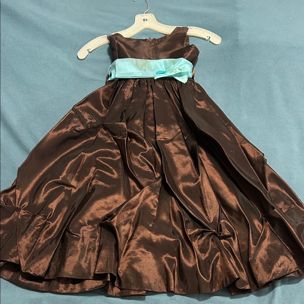 Charming Kids Formal Dress in Brown with Blue Sash